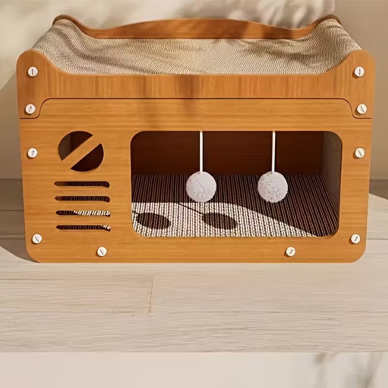 Wooden Cat House, Durable Cardboard, Multi-Level Design for All Cat Sizes