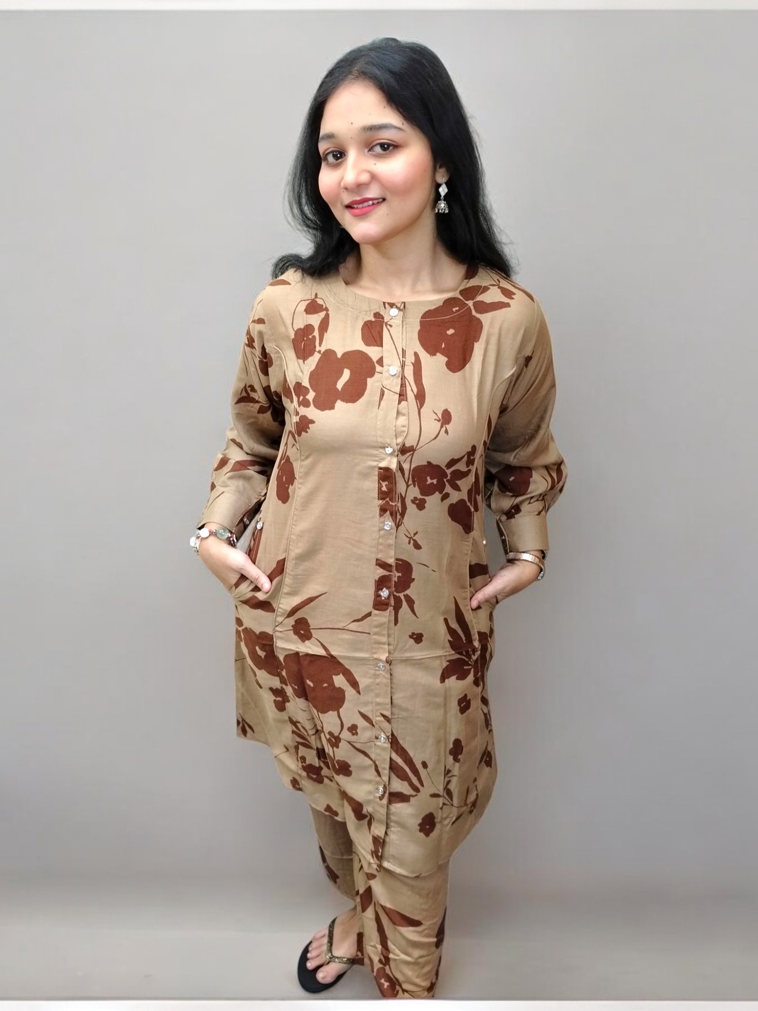 Elegant Khaki China Leylen Coord Set with Digital Floral Print and Pockets