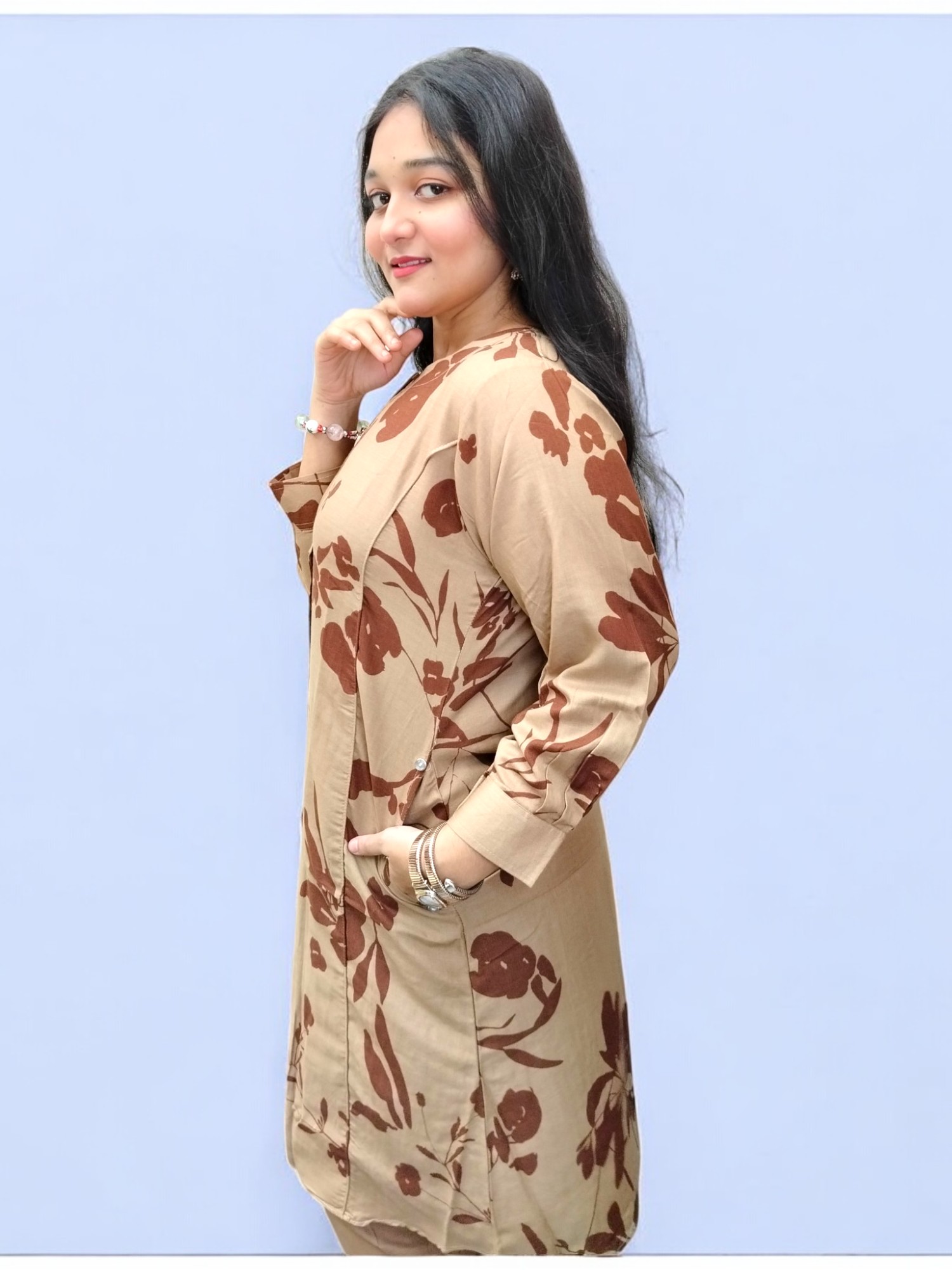 Elegant Khaki China Leylen Coord Set with Digital Floral Print and Pockets