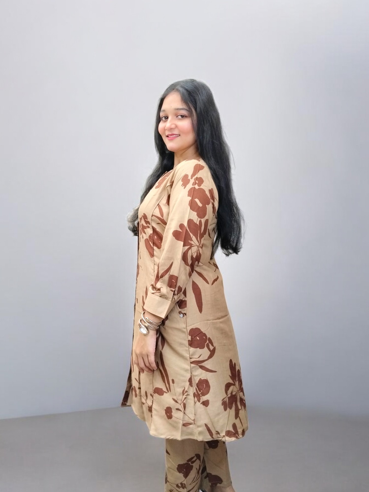 Elegant Khaki China Leylen Coord Set with Digital Floral Print and Pockets