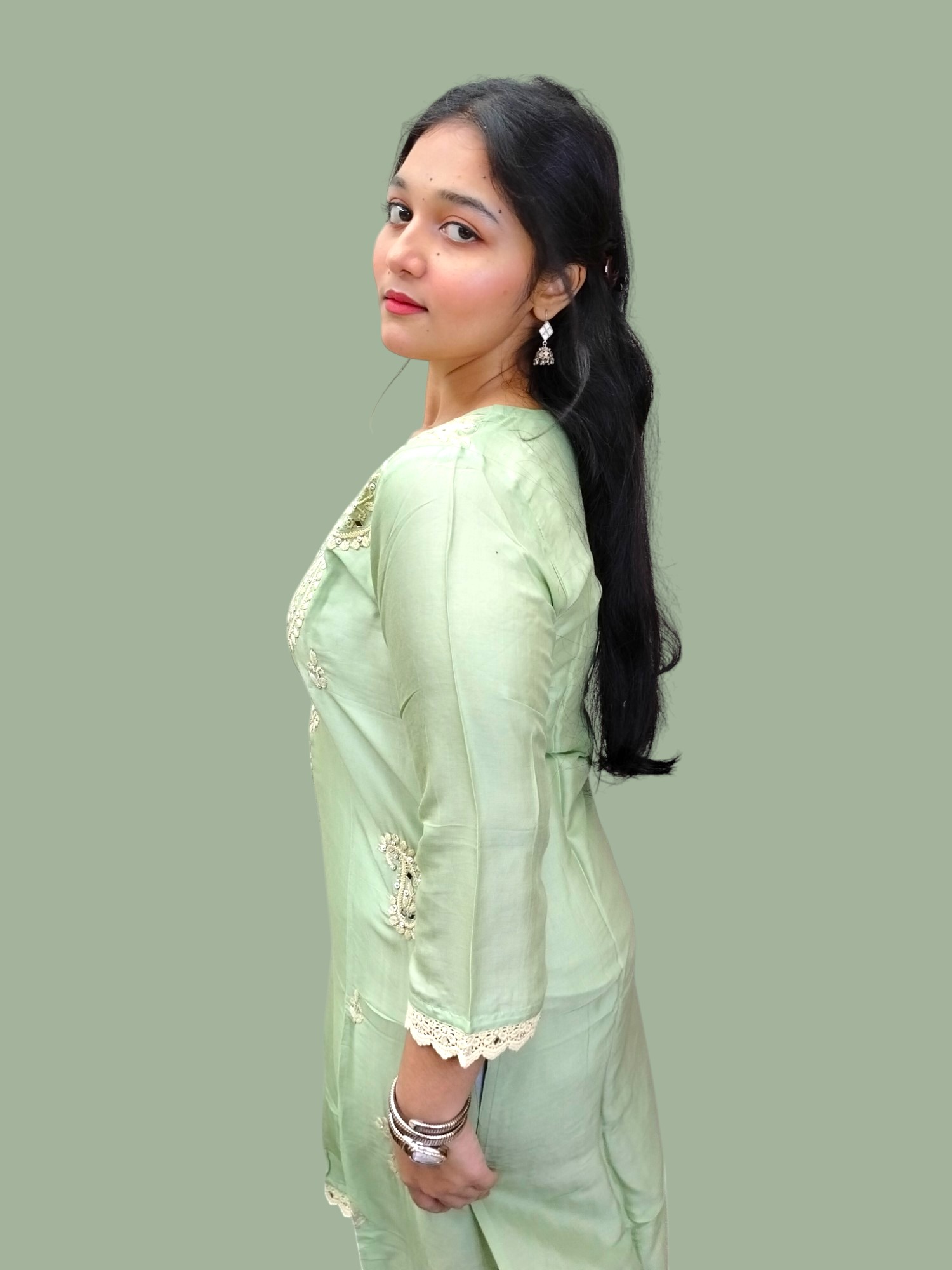 Mint Green Lucknow-Style Hand-Sewn Kurti with Mirror Work