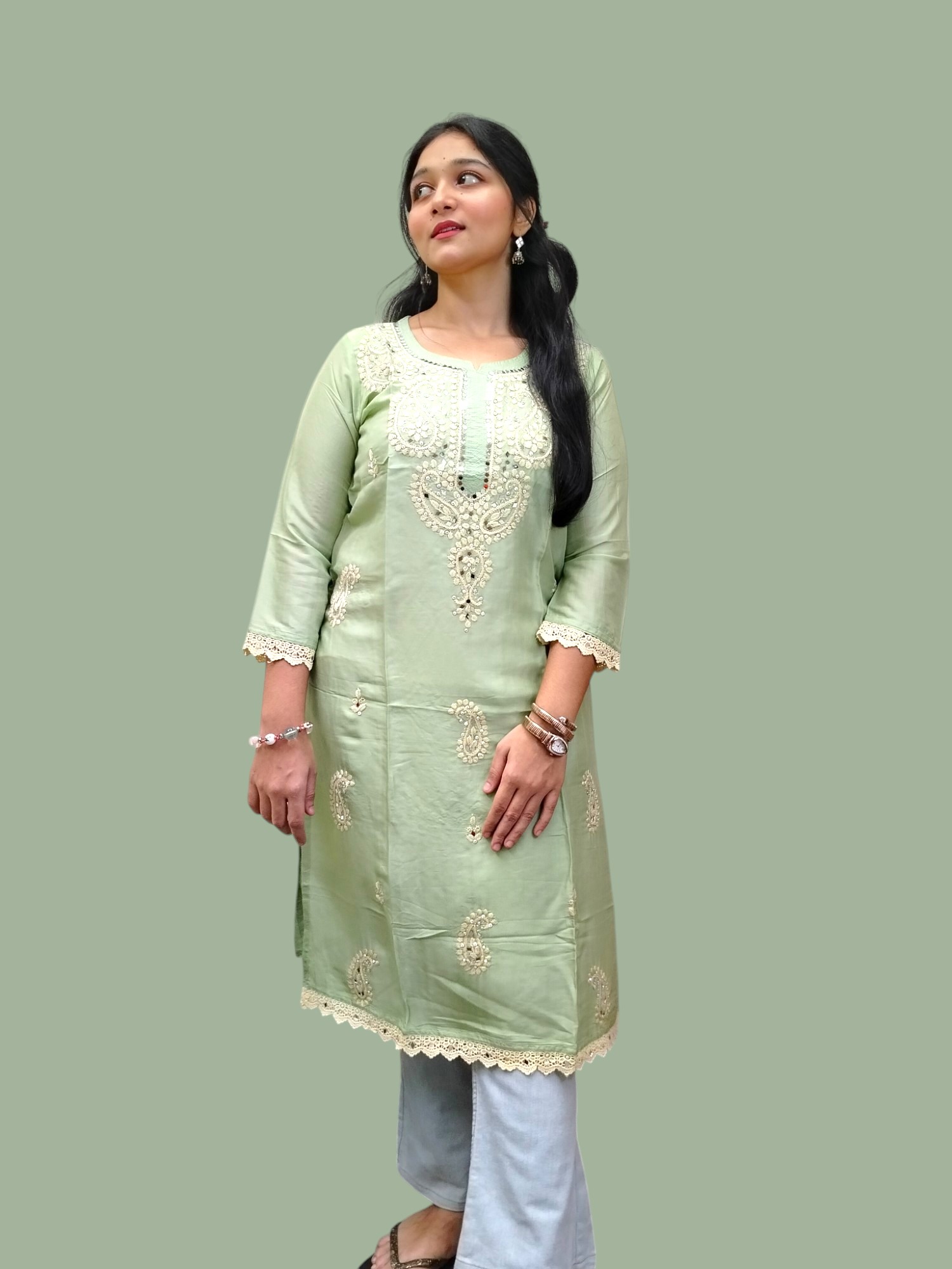 Mint Green Lucknow-Style Hand-Sewn Kurti with Mirror Work