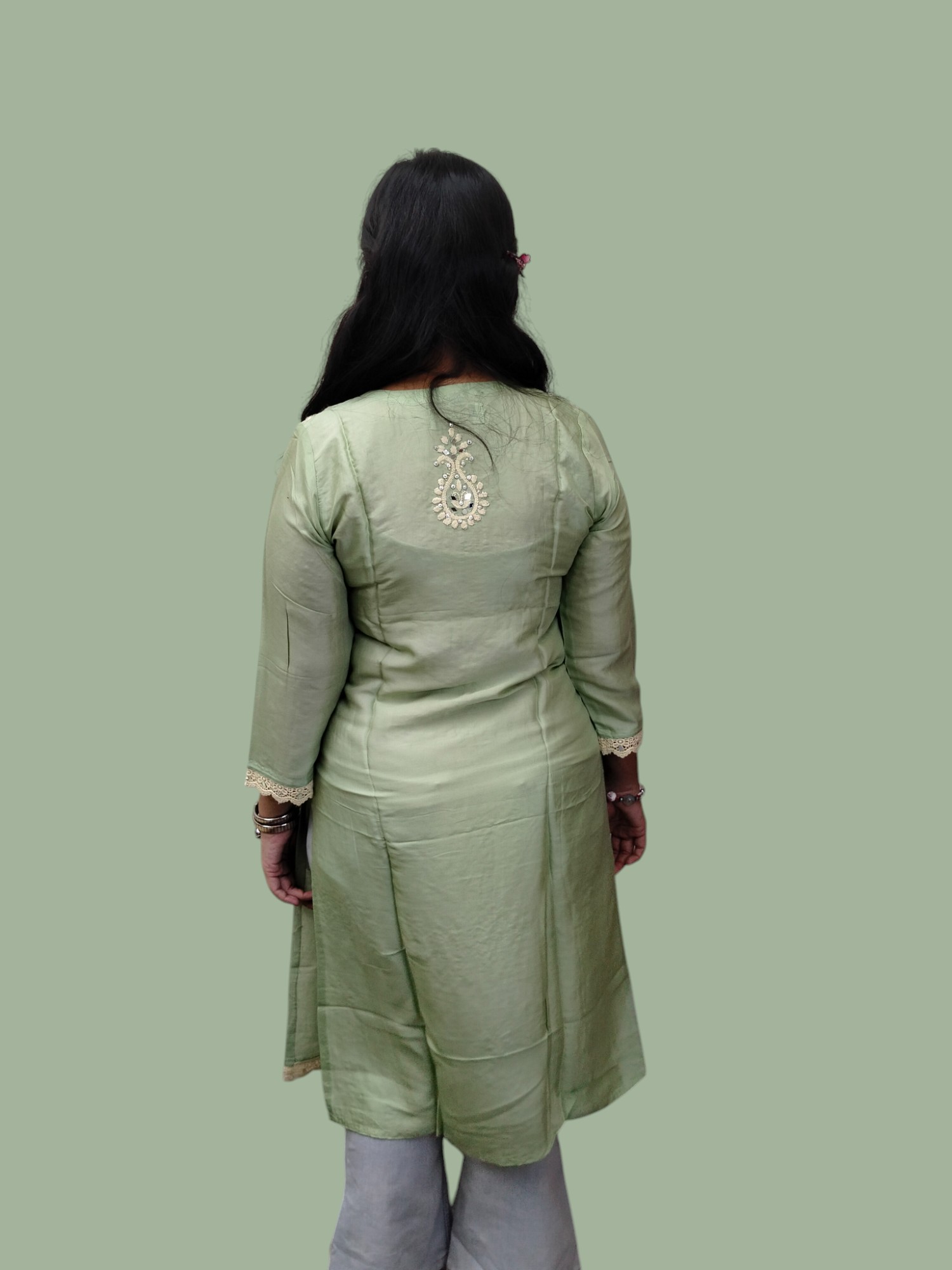 Mint Green Lucknow-Style Hand-Sewn Kurti with Mirror Work