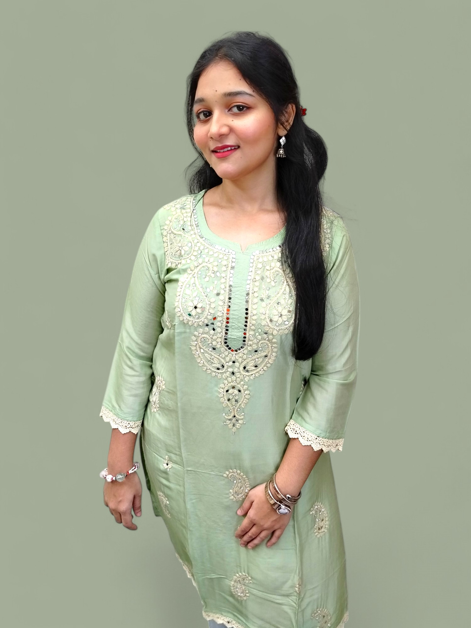 Mint Green Lucknow-Style Hand-Sewn Kurti with Mirror Work