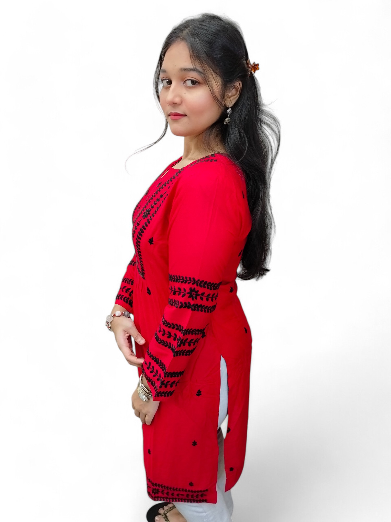 Vibrant Red Lucknow-Style Embroidered Cotton Kurti