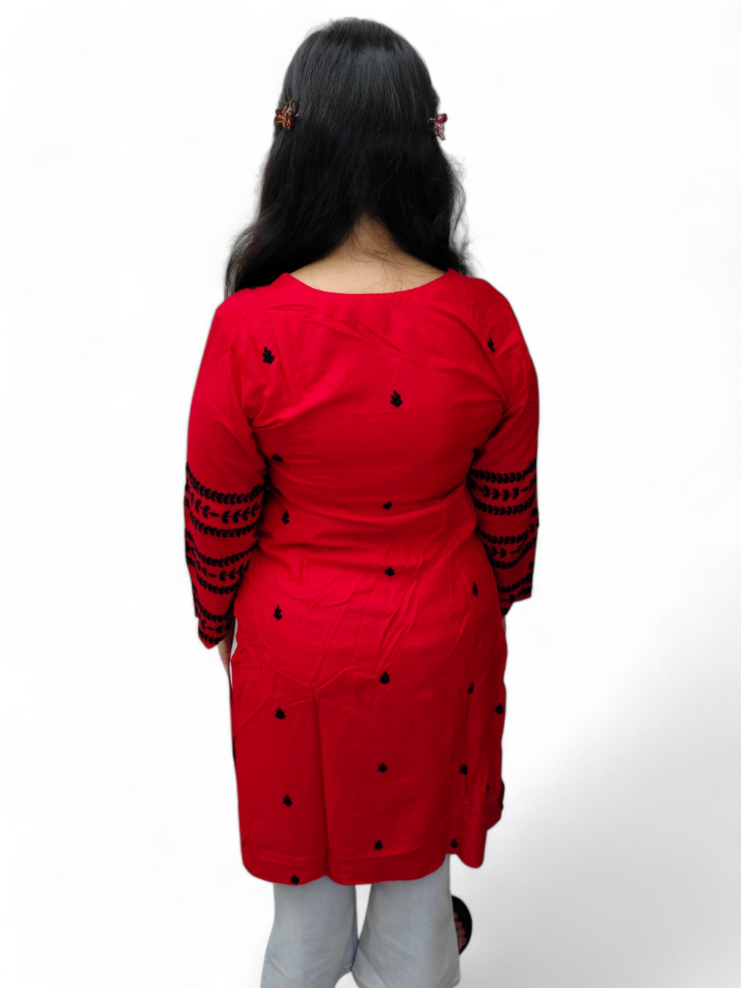 Vibrant Red Lucknow-Style Embroidered Cotton Kurti