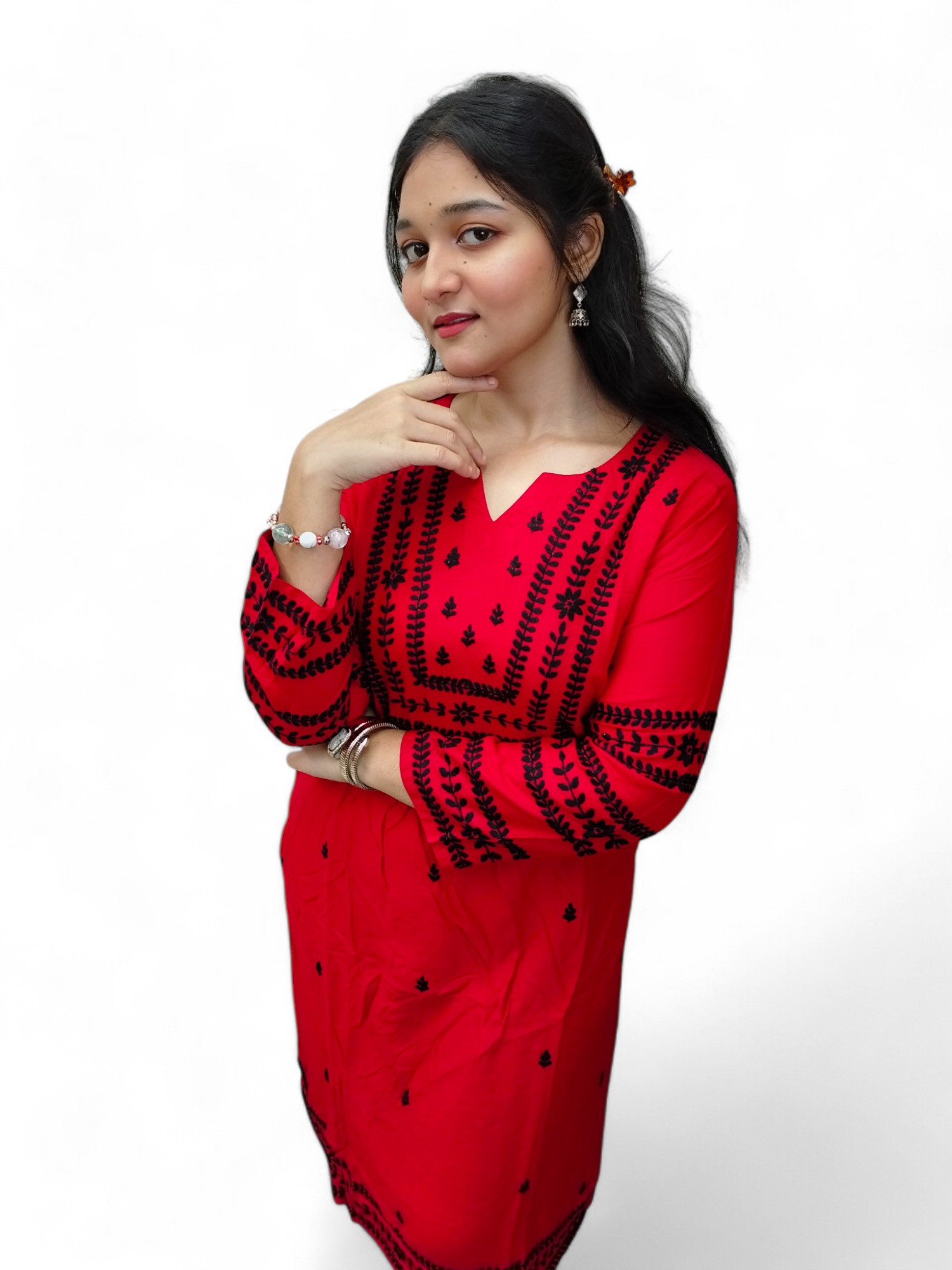 Vibrant Red Lucknow-Style Embroidered Cotton Kurti