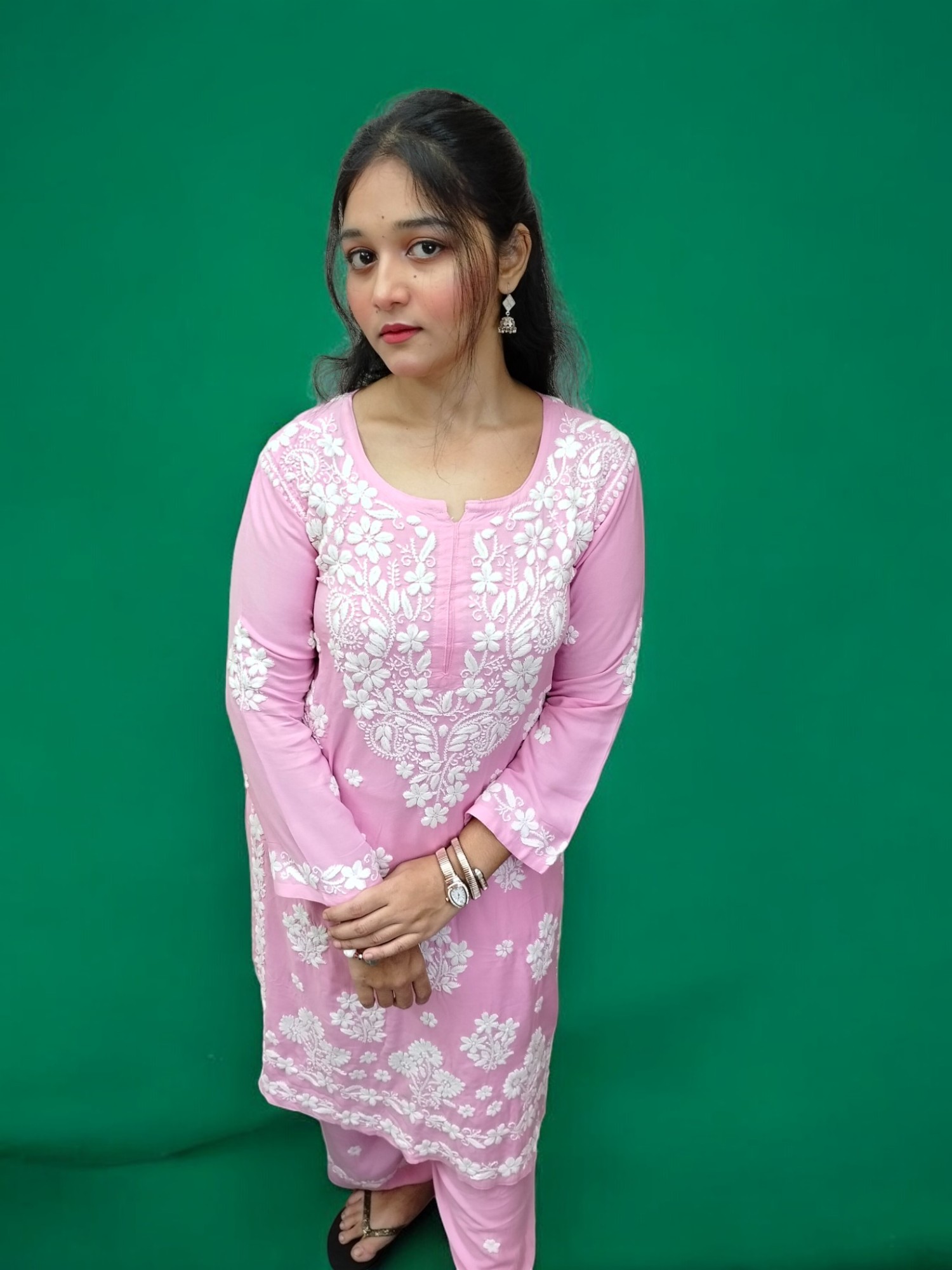 Graceful Pink Lucknow-Style Soft Leylen Cotton Coord Set