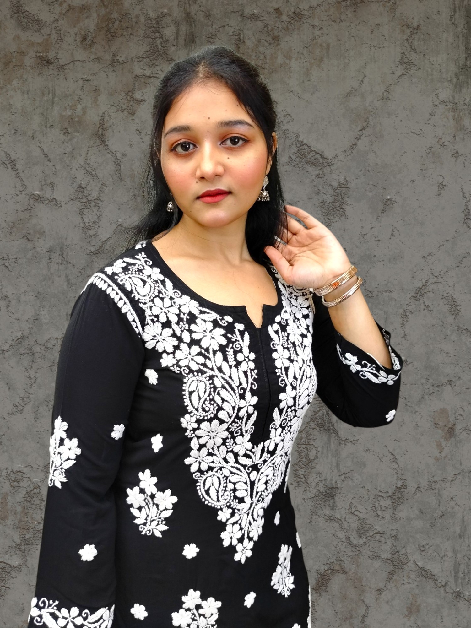 Classic Black Lucknow-Style Hand-Stitched Soft Leylen Cotton Coord Set