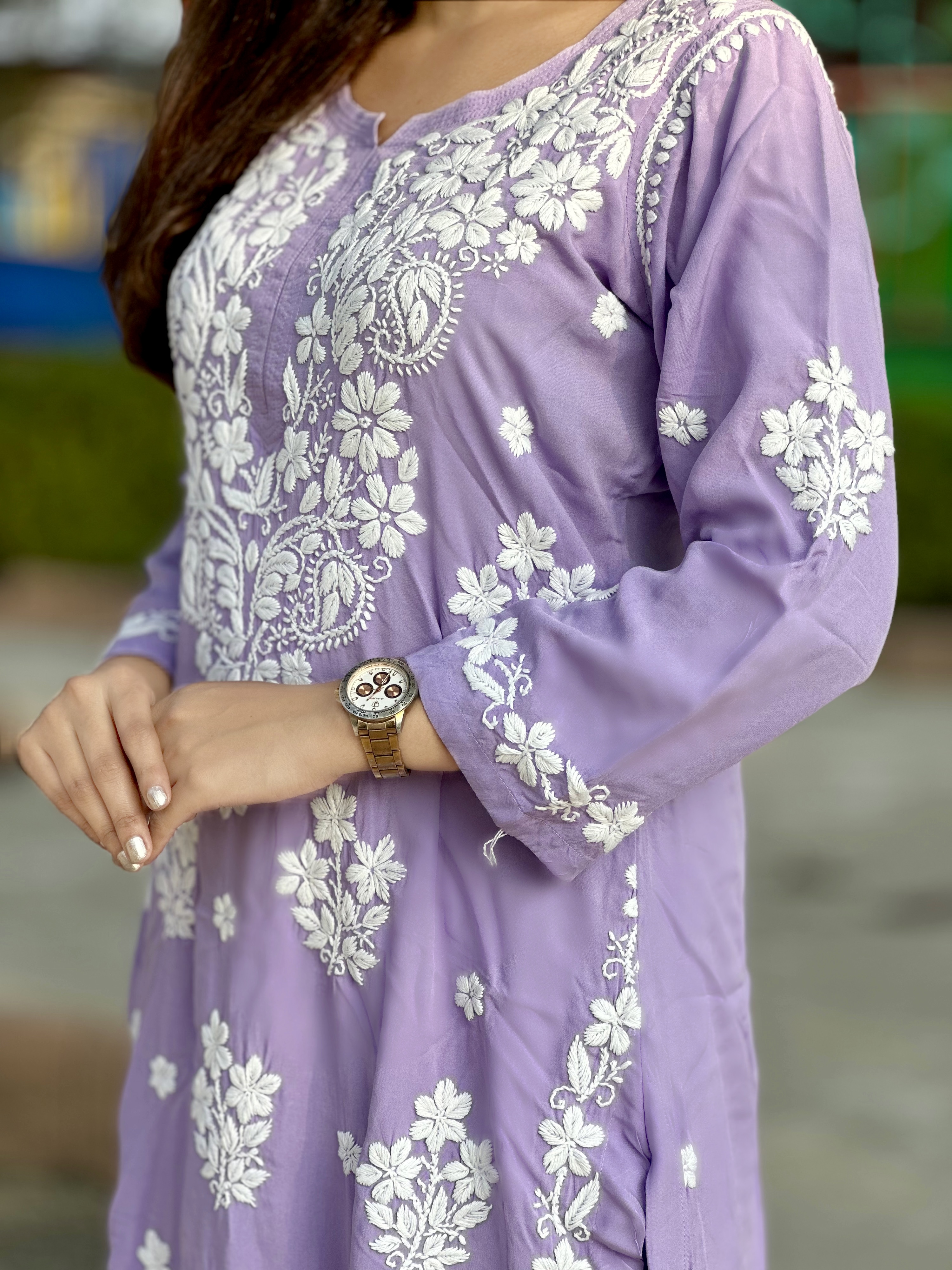 Elegant Violet Lucknow-Style Hand-Stitched Soft Leylen Cotton Coord Set