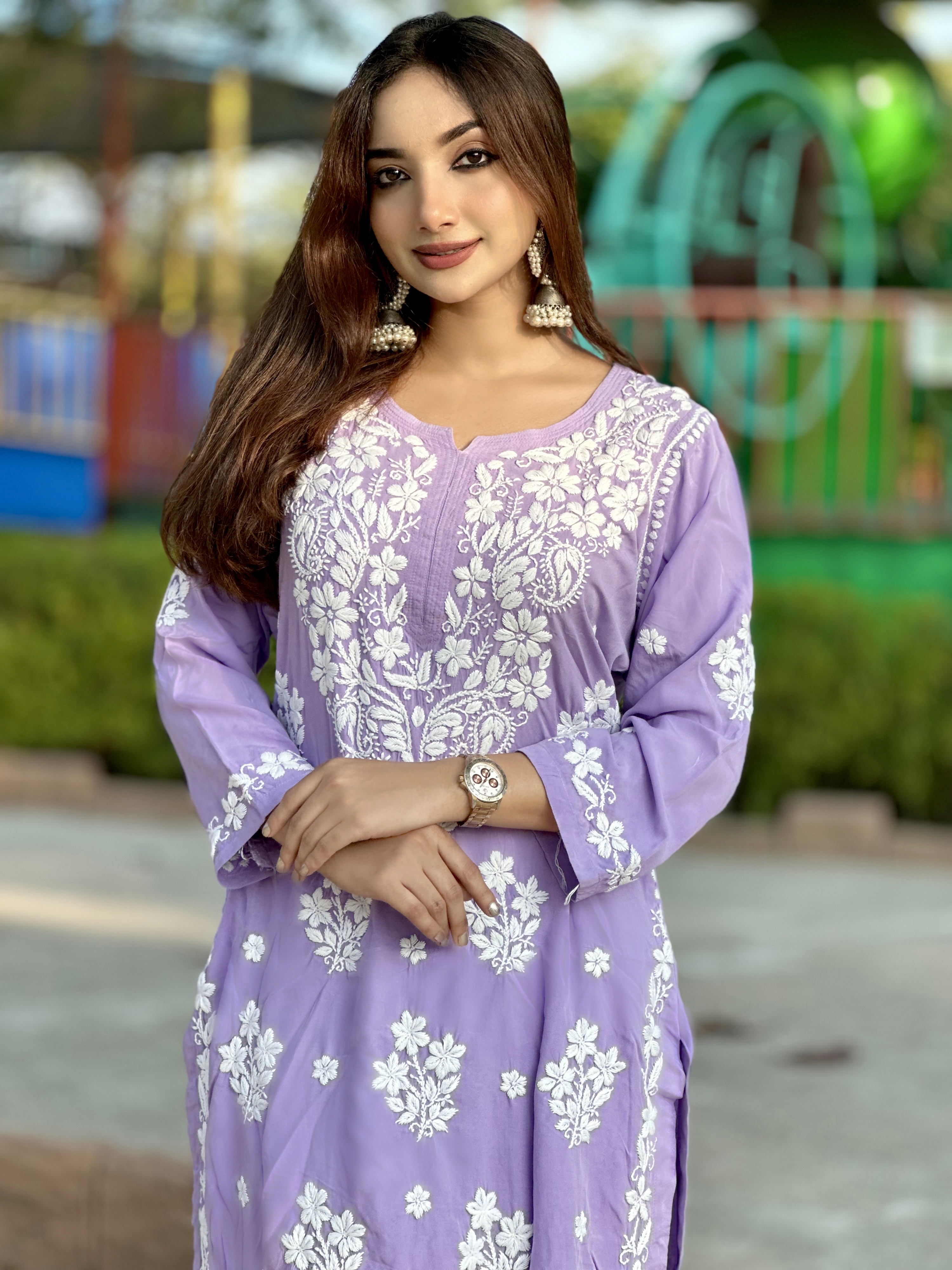 Elegant Violet Lucknow-Style Hand-Stitched Soft Leylen Cotton Coord Set