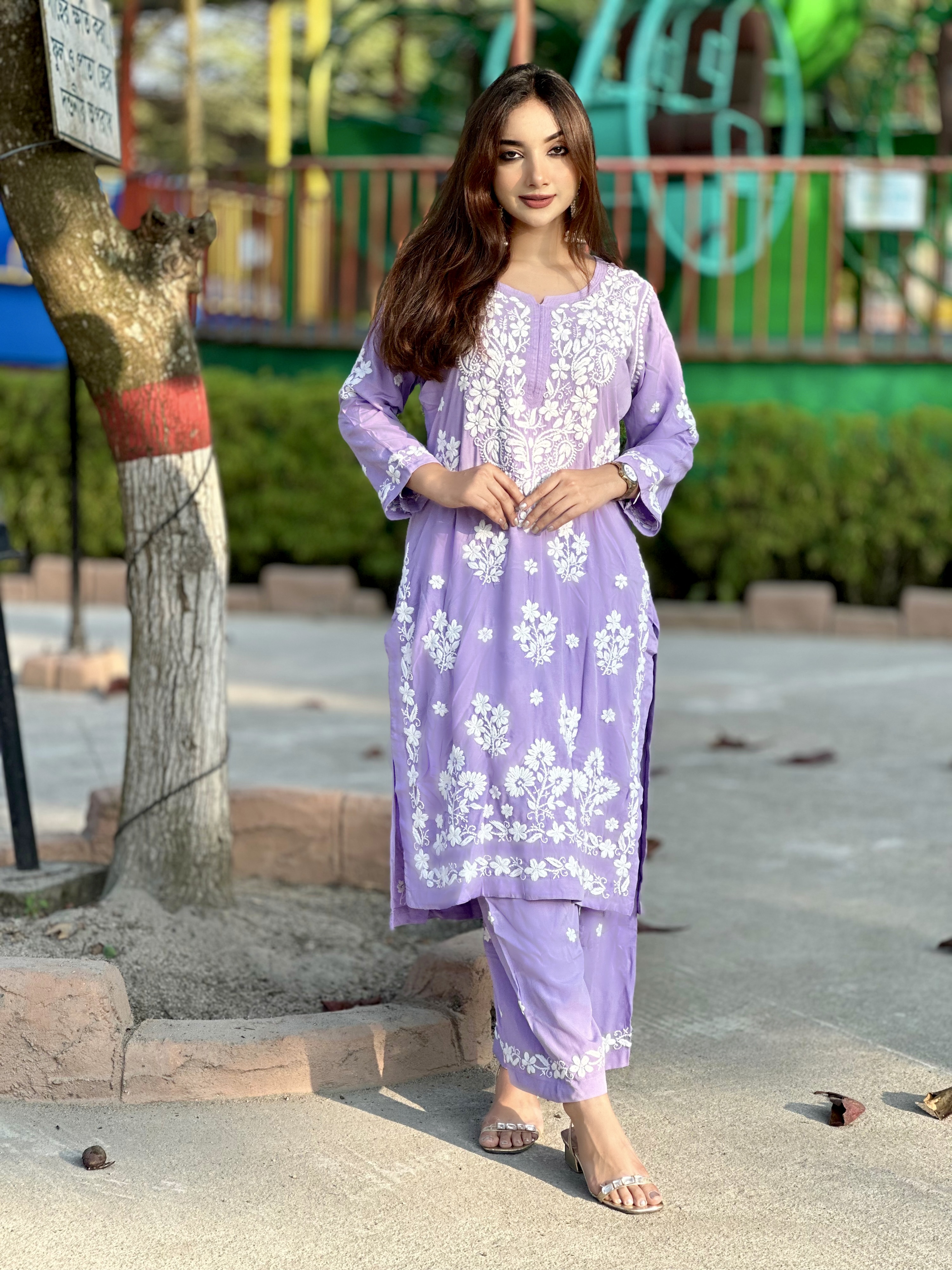 Elegant Violet Lucknow-Style Hand-Stitched Soft Leylen Cotton Coord Set