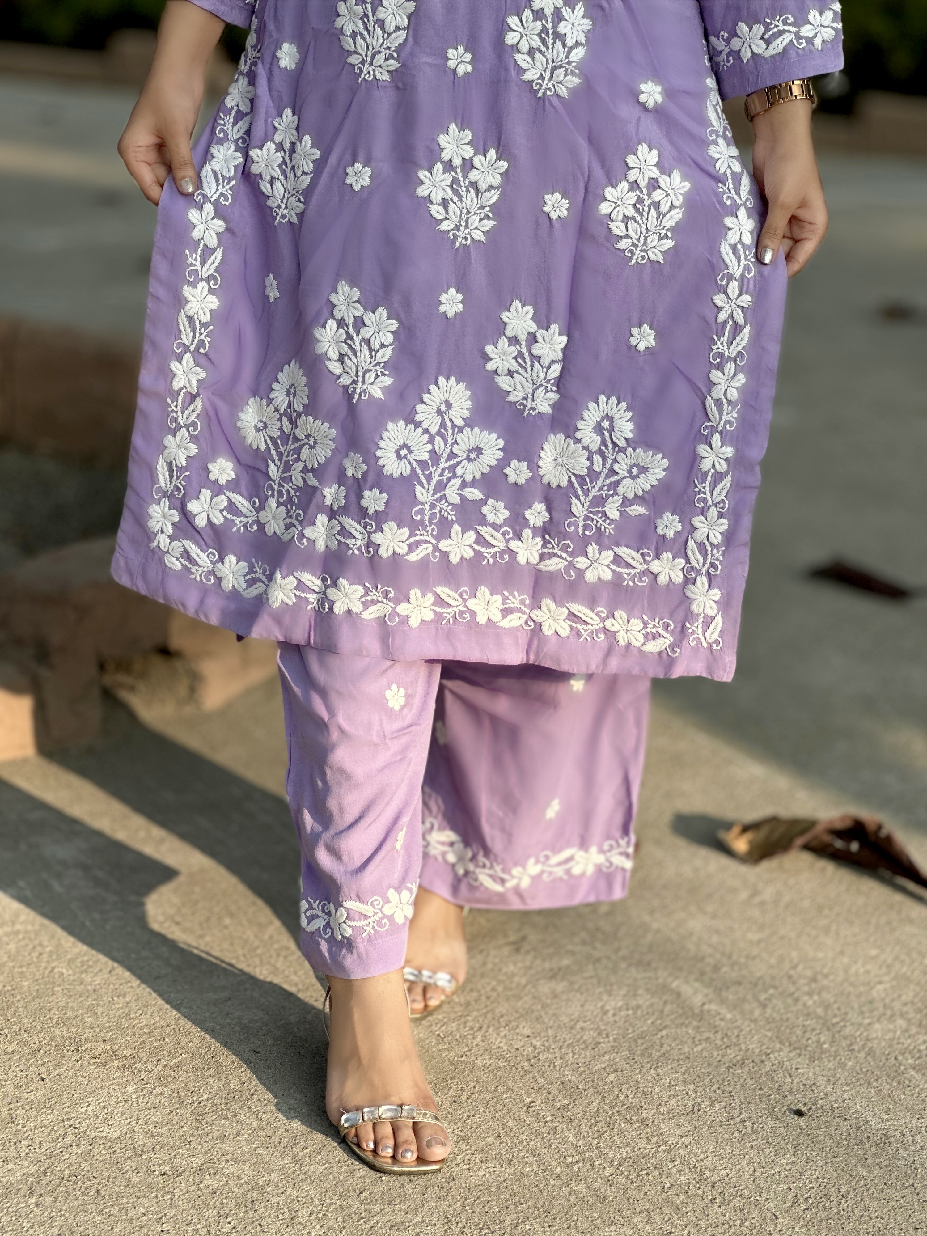 Elegant Violet Lucknow-Style Hand-Stitched Soft Leylen Cotton Coord Set