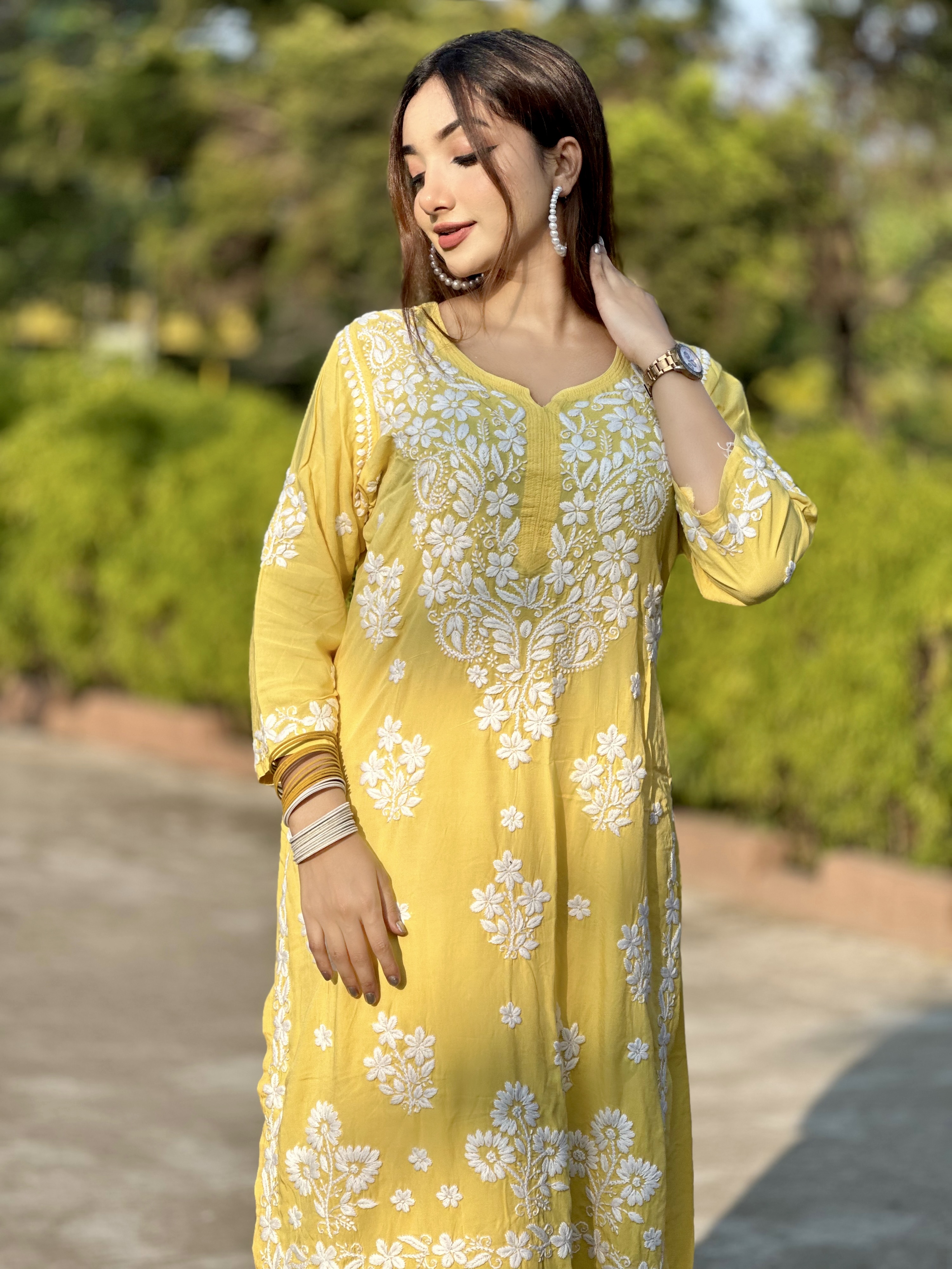 Yellow Floral Embroidered Lucknow co-ord set