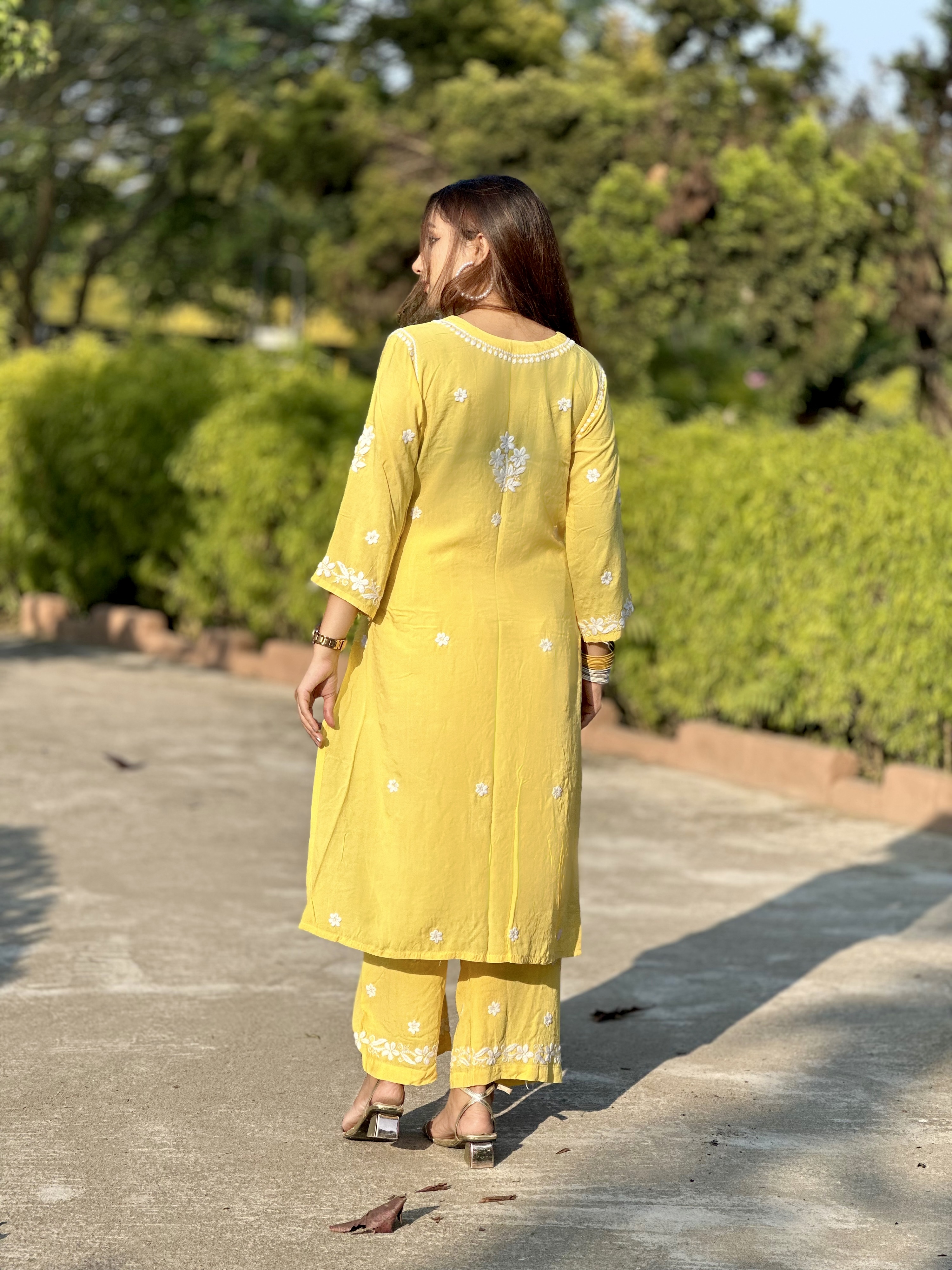 Yellow Floral Embroidered Lucknow co-ord set