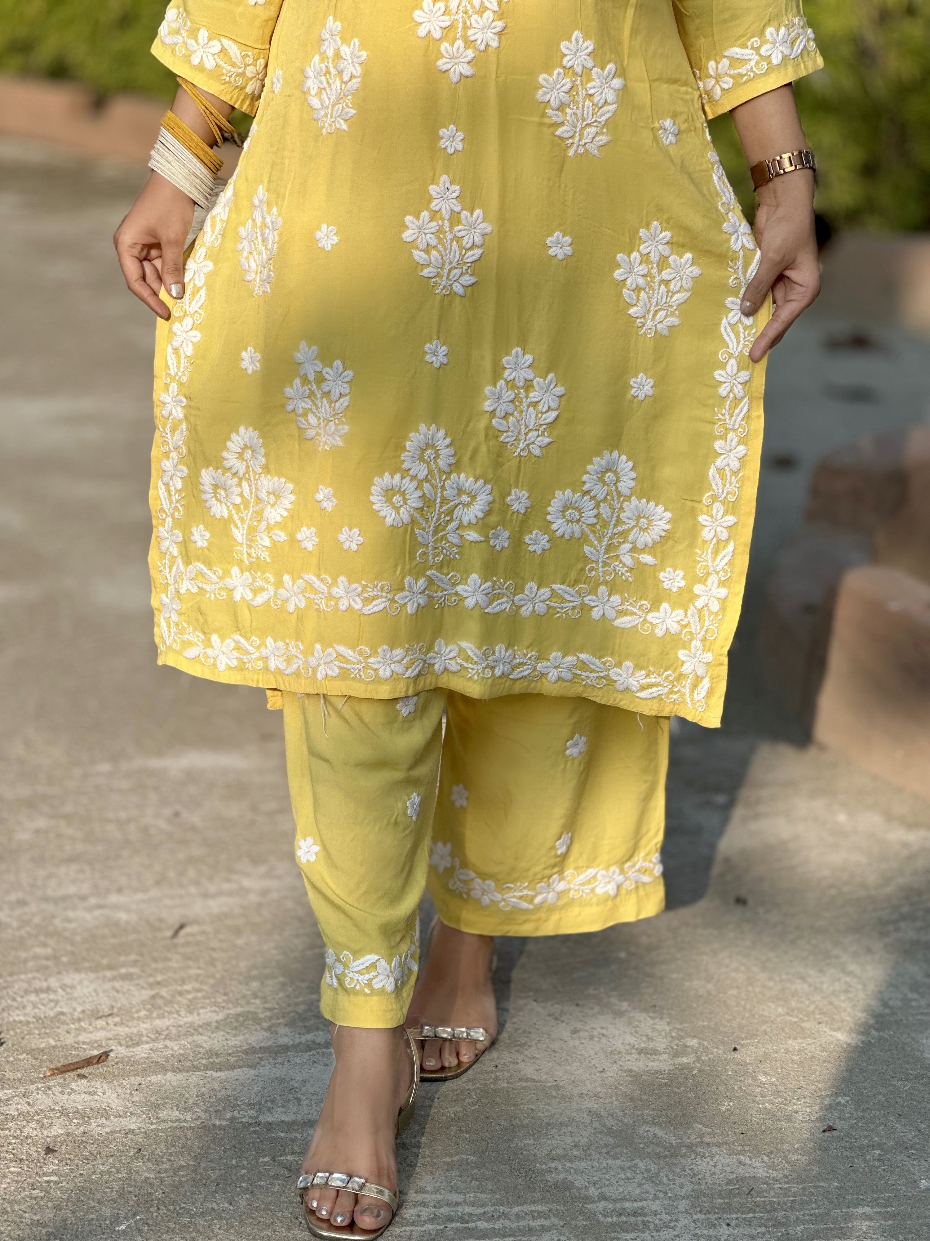 Yellow Floral Embroidered Lucknow co-ord set