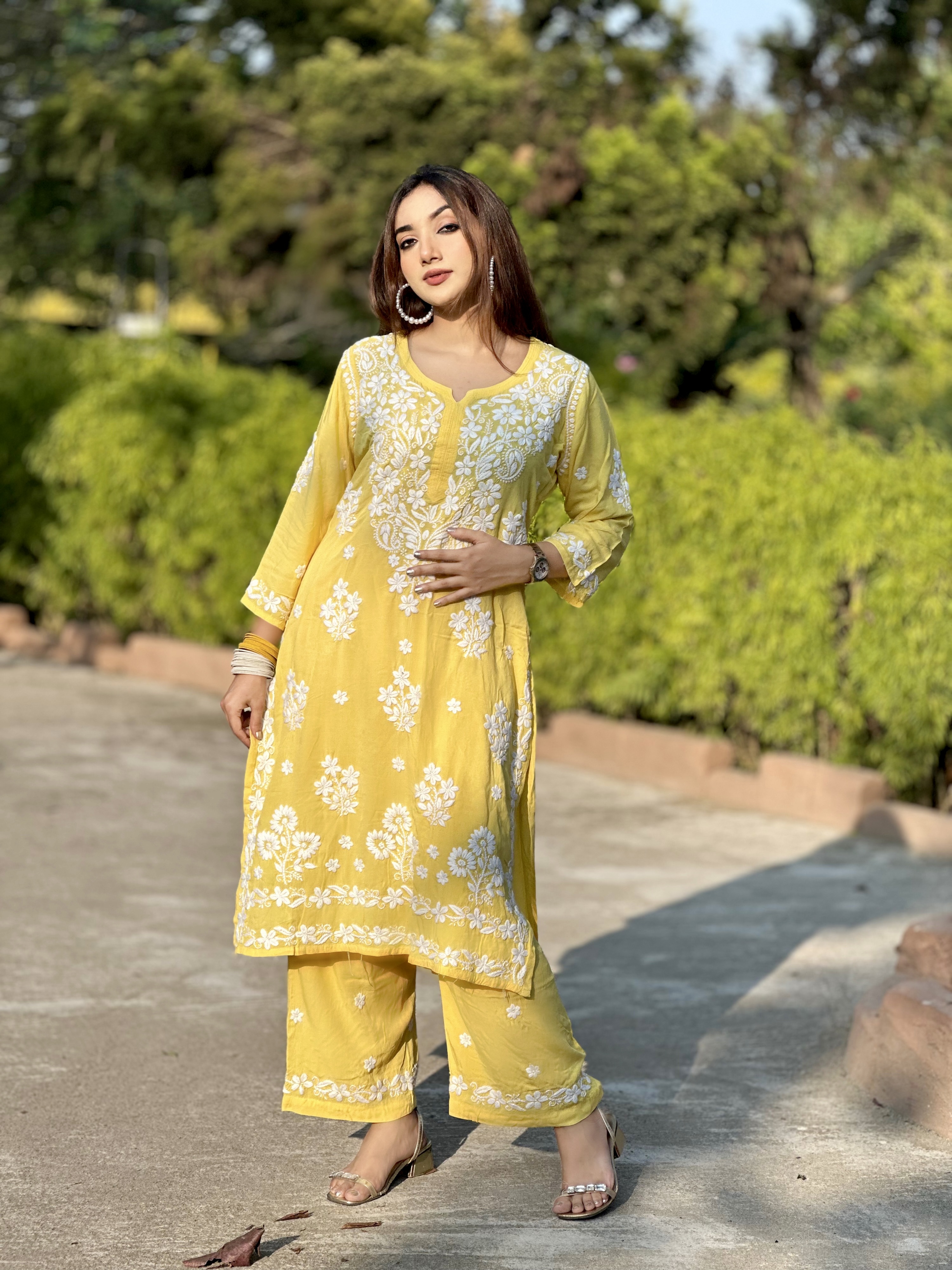 Yellow Floral Embroidered Lucknow co-ord set