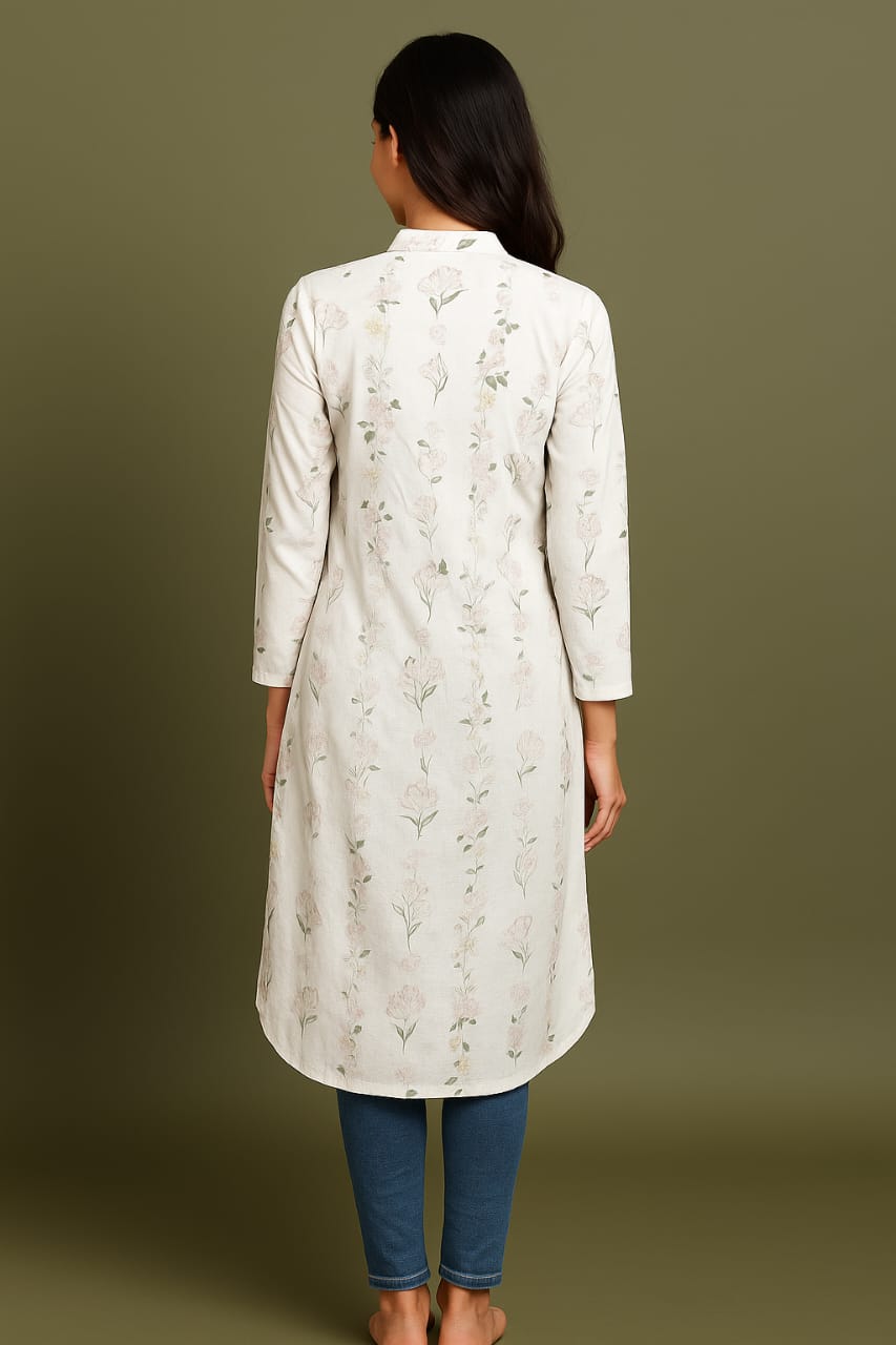 White Floral Printed Kurta