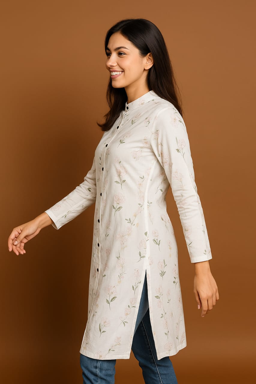 White Floral Printed Kurta