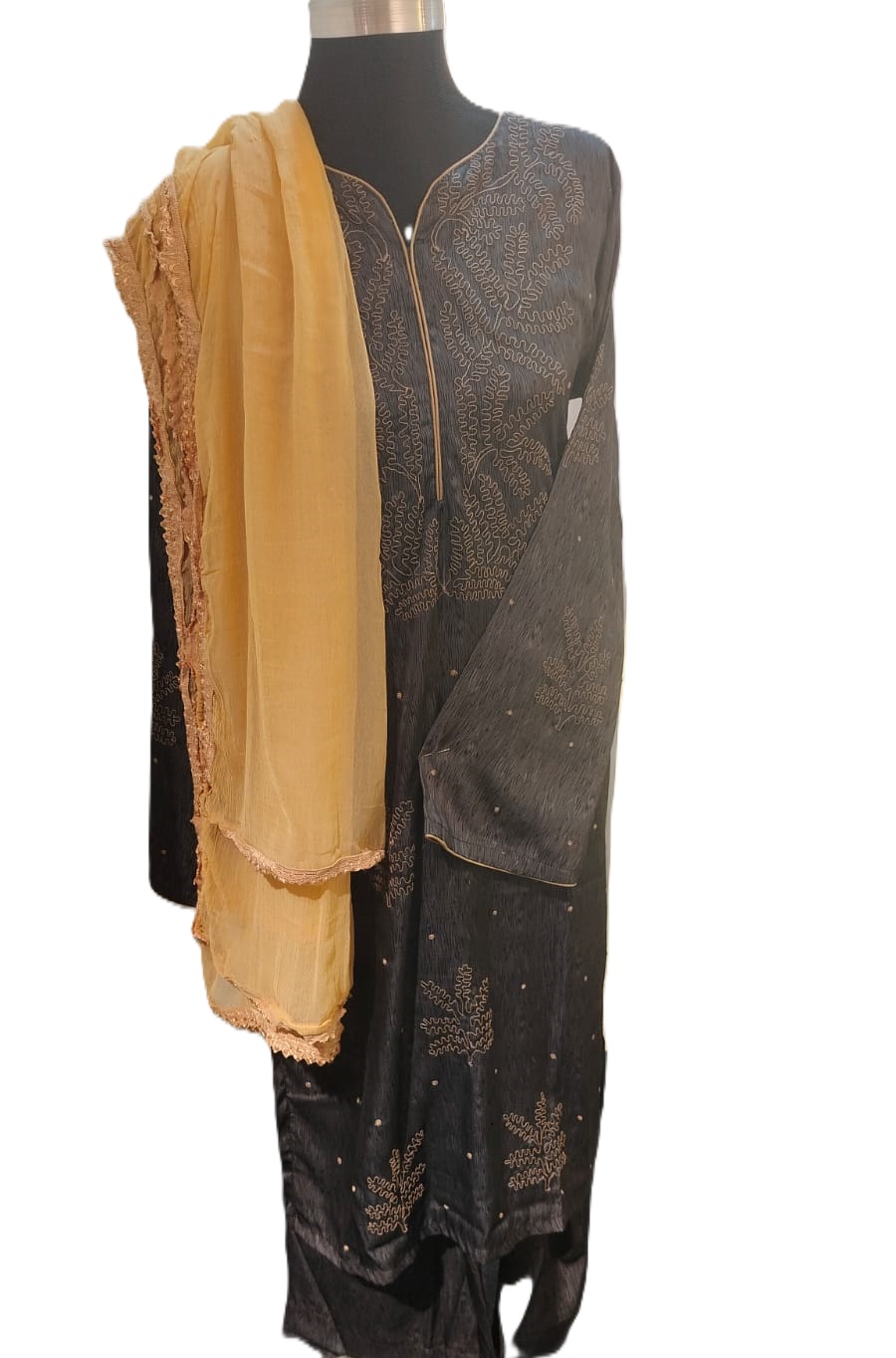 Embroidered Black Chinon Three Pice