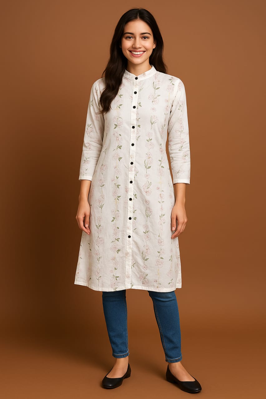 White Floral Printed Kurta