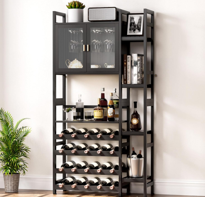 Wine Rack Freestanding Floor,Liquor Bottle Display Shelf with Doors Glass Holder,4 Tiers for Wine Bottle Holder and Side 4-Layer Shelf for Wine (Black)