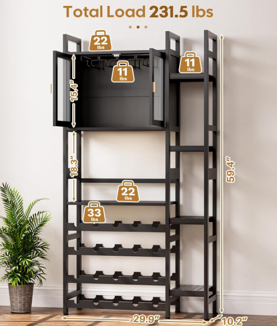 Wine Rack Freestanding Floor,Liquor Bottle Display Shelf with Doors Glass Holder,4 Tiers for Wine Bottle Holder and Side 4-Layer Shelf for Wine (Black)