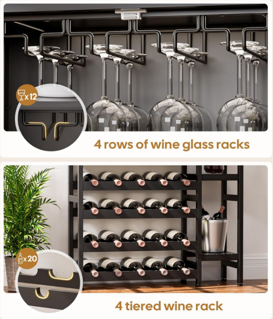 Wine Rack Freestanding Floor,Liquor Bottle Display Shelf with Doors Glass Holder,4 Tiers for Wine Bottle Holder and Side 4-Layer Shelf for Wine (Black)