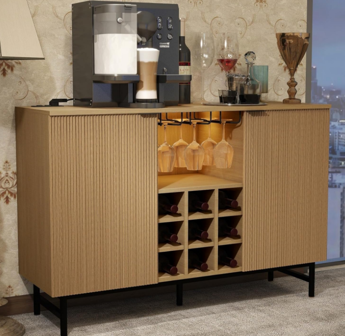 Wine Bar Cabinet with Power Outlets and Led Lights, Fluted Liquor Cabinet Coffee Bar Cabinet for Home, Buffet Cabinet Home Bar Furniture with Storage, Natural Oak