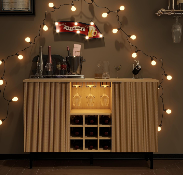 Wine Bar Cabinet with Power Outlets and Led Lights, Fluted Liquor Cabinet Coffee Bar Cabinet for Home, Buffet Cabinet Home Bar Furniture with Storage, Natural Oak