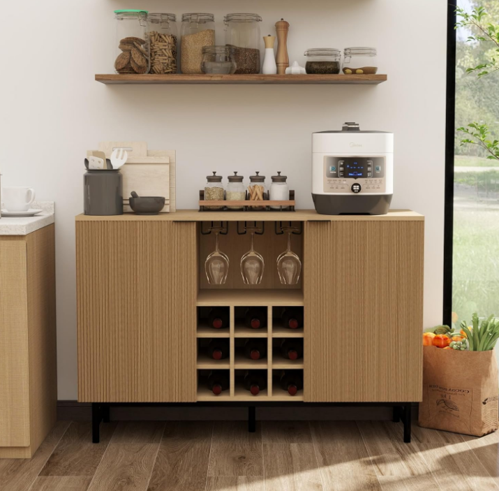 Wine Bar Cabinet with Power Outlets and Led Lights, Fluted Liquor Cabinet Coffee Bar Cabinet for Home, Buffet Cabinet Home Bar Furniture with Storage, Natural Oak