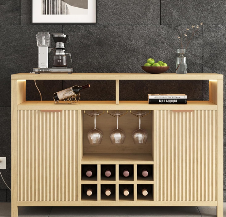 Fluted Home Bar Wine Cabinet with LED Light, Charging Station, Wine Rack - Buffet Cabinet with Storage, Coffee Bar Table, Stylish Fluted Credenza Cabinet for Modern Home Kitchen 47.2" Oak