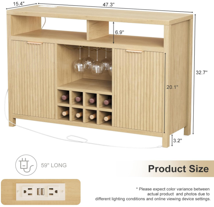 Fluted Home Bar Wine Cabinet with LED Light, Charging Station, Wine Rack - Buffet Cabinet with Storage, Coffee Bar Table, Stylish Fluted Credenza Cabinet for Modern Home Kitchen 47.2" Oak