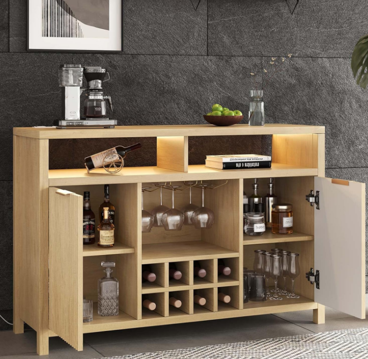 Fluted Home Bar Wine Cabinet with LED Light, Charging Station, Wine Rack - Buffet Cabinet with Storage, Coffee Bar Table, Stylish Fluted Credenza Cabinet for Modern Home Kitchen 47.2" Oak