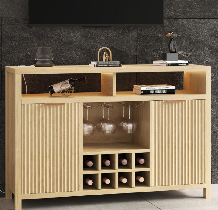 Fluted Home Bar Wine Cabinet with LED Light, Charging Station, Wine Rack - Buffet Cabinet with Storage, Coffee Bar Table, Stylish Fluted Credenza Cabinet for Modern Home Kitchen 47.2" Oak