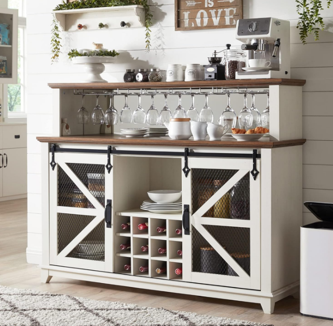 Farmhouse Coffee Bar Cabinet with LED Lights, 55" Wine Bar Cabinet w/Sliding Barn Door & Wine and Glass Rack, Kitchen Buffet Cabinet w/Storage Shelves for Dining Room,Antique White