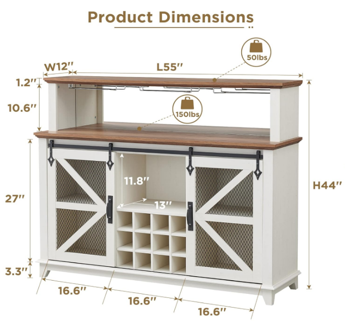 Farmhouse Coffee Bar Cabinet with LED Lights, 55" Wine Bar Cabinet w/Sliding Barn Door & Wine and Glass Rack, Kitchen Buffet Cabinet w/Storage Shelves for Dining Room,Antique White