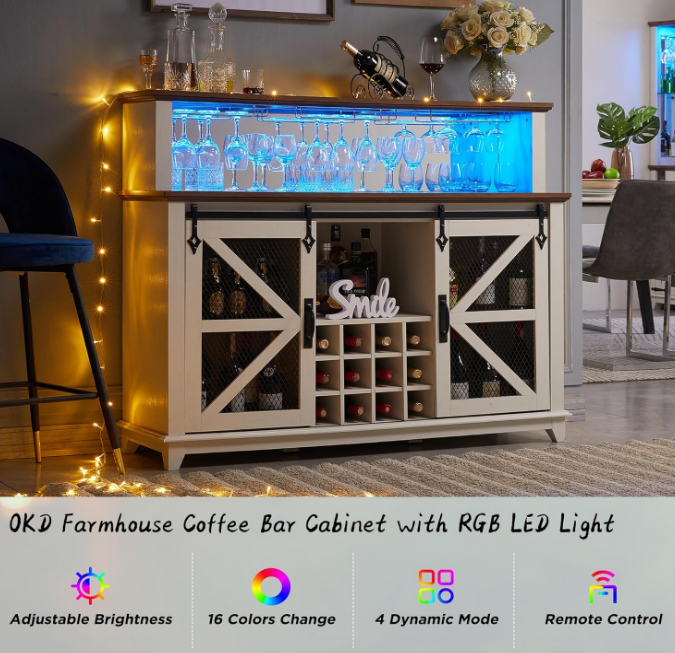 Farmhouse Coffee Bar Cabinet with LED Lights, 55" Wine Bar Cabinet w/Sliding Barn Door & Wine and Glass Rack, Kitchen Buffet Cabinet w/Storage Shelves for Dining Room,Antique White