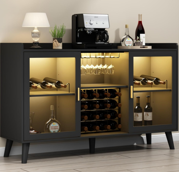 Wine Bar Cabinet with LED Light, Home Coffee Cabinet with Wine Rack and Glass Holder, Kitchen Buffet Sideboard W Storage Shelf, Freestanding Liquor Cabinet for Living Room, Dining Room (Black)