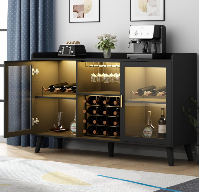 Wine Bar Cabinet with LED Light, Home Coffee Cabinet with Wine Rack and Glass Holder, Kitchen Buffet Sideboard W Storage Shelf, Freestanding Liquor Cabinet for Living Room, Dining Room (Black)