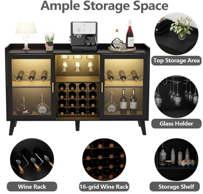 Wine Bar Cabinet with LED Light, Home Coffee Cabinet with Wine Rack and Glass Holder, Kitchen Buffet Sideboard W Storage Shelf, Freestanding Liquor Cabinet for Living Room, Dining Room (Black)