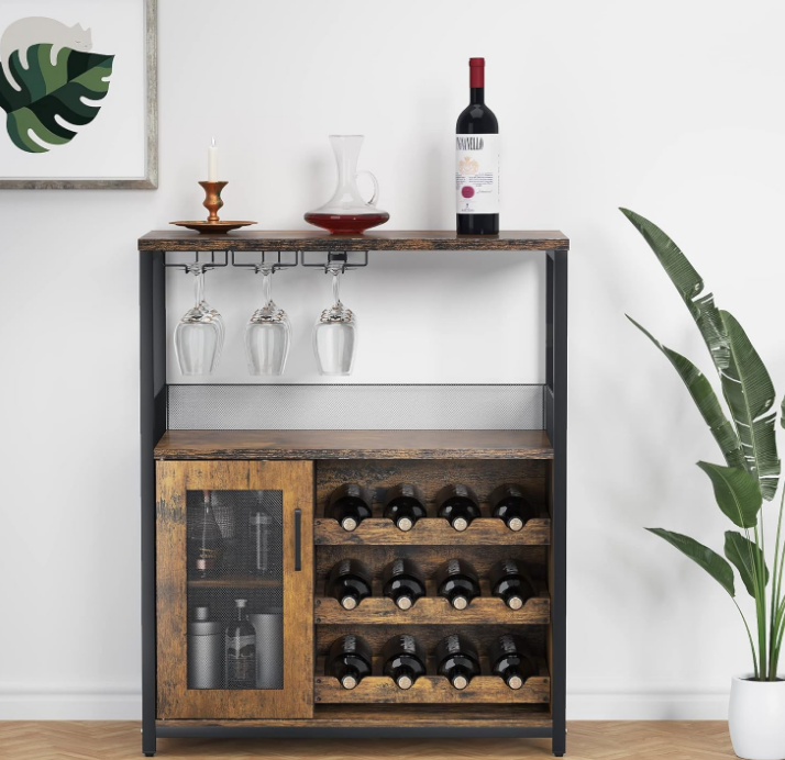 3-Tier Wine Bar Cabinet with Detachable Wine Rack and Storage Space, Buffet Cabinet with Glass Holder and Mesh Door, for Kitchen, Living Room and Bar (Rustic Brown)
