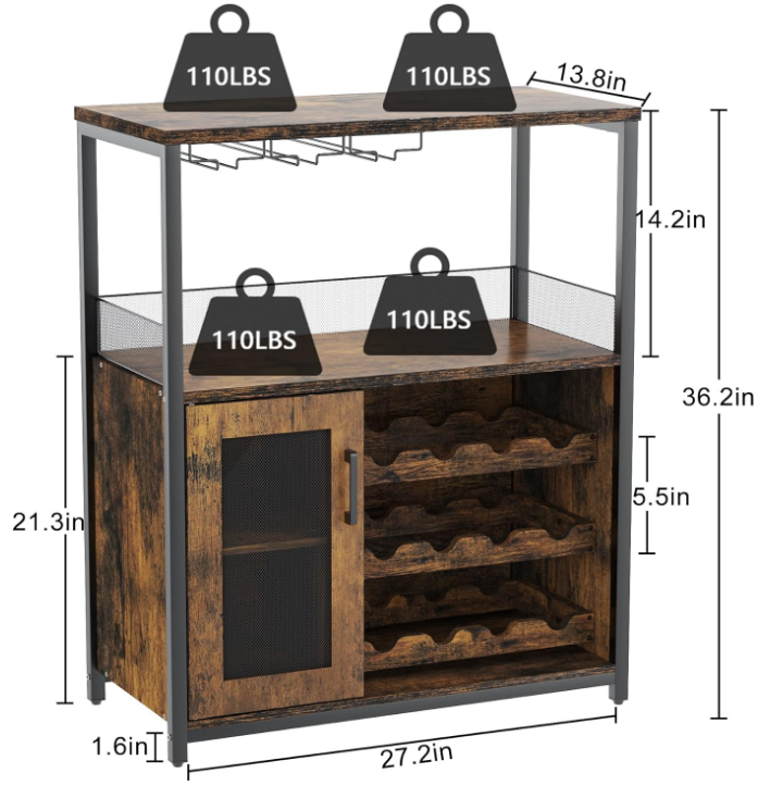 3-Tier Wine Bar Cabinet with Detachable Wine Rack and Storage Space, Buffet Cabinet with Glass Holder and Mesh Door, for Kitchen, Living Room and Bar (Rustic Brown)