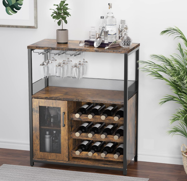 3-Tier Wine Bar Cabinet with Detachable Wine Rack and Storage Space, Buffet Cabinet with Glass Holder and Mesh Door, for Kitchen, Living Room and Bar (Rustic Brown)