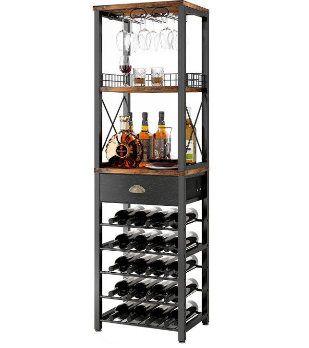 Wine Rack Freestanding Floor, Bar Cabinet for Liquor and Glasses, 4-Tier bar Cabinet with Tabletop, Glass Holder, Storage Drawer and Wine Storage for Home Bar