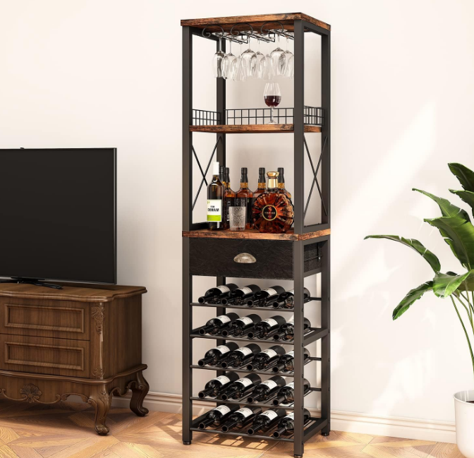 Wine Rack Freestanding Floor, Bar Cabinet for Liquor and Glasses, 4-Tier bar Cabinet with Tabletop, Glass Holder, Storage Drawer and Wine Storage for Home Bar