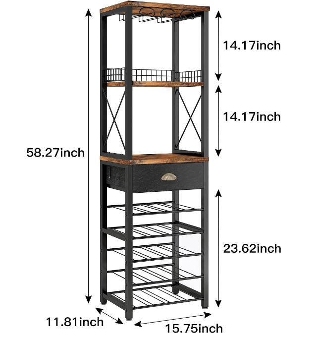 Wine Rack Freestanding Floor, Bar Cabinet for Liquor and Glasses, 4-Tier bar Cabinet with Tabletop, Glass Holder, Storage Drawer and Wine Storage for Home Bar