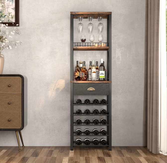 Wine Rack Freestanding Floor, Bar Cabinet for Liquor and Glasses, 4-Tier bar Cabinet with Tabletop, Glass Holder, Storage Drawer and Wine Storage for Home Bar