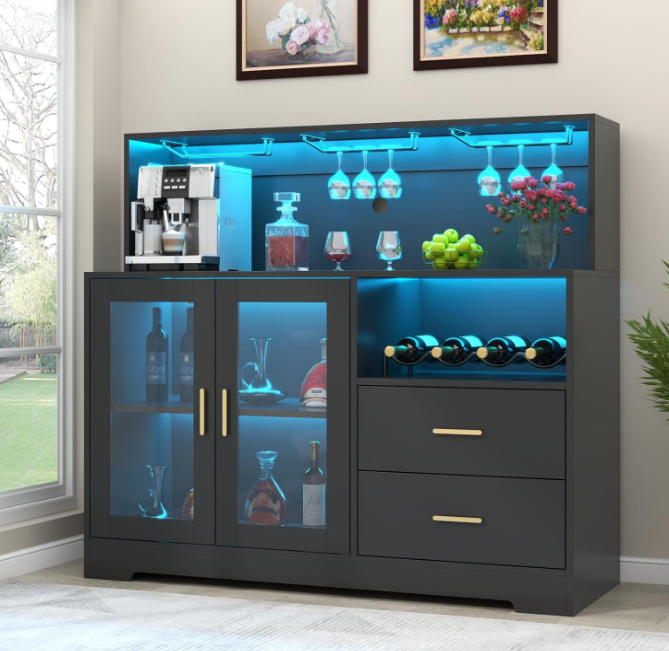 Wine Bar Cabinet with LED Light, Home Coffee Cabinet with Wine and Glass Rack, Kitchen Buffet Sideboard with Storage Cabinet&Drawers, Modern Liquor Cabinet for Living Room Dining Room (Black)
