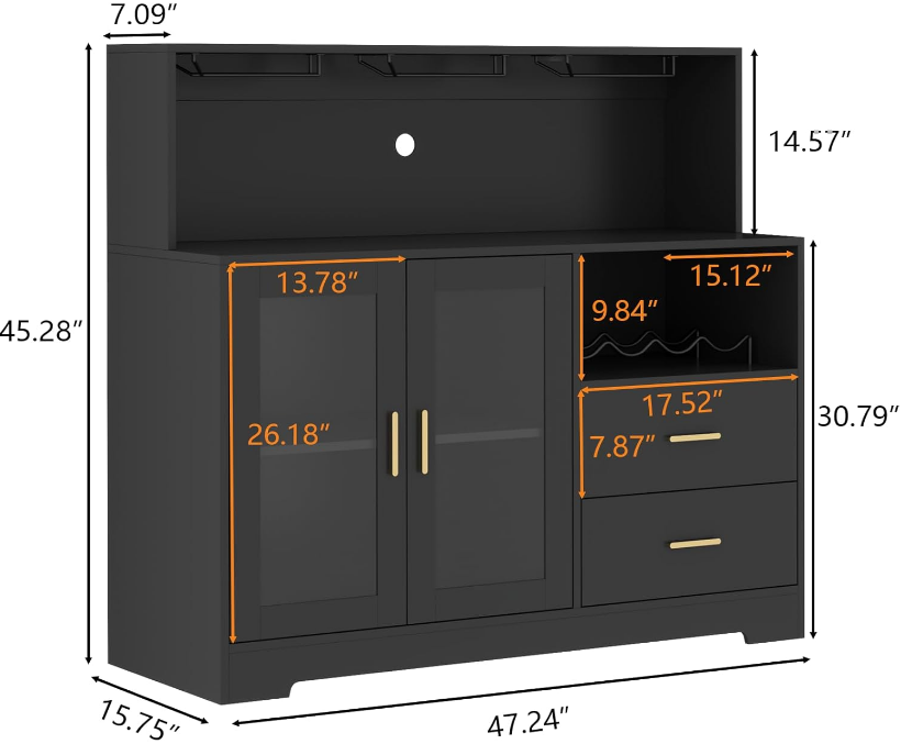 Wine Bar Cabinet with LED Light, Home Coffee Cabinet with Wine and Glass Rack, Kitchen Buffet Sideboard with Storage Cabinet&Drawers, Modern Liquor Cabinet for Living Room Dining Room (Black)